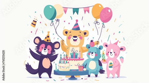 Funny comic animal friends celebrate their birthday with a holiday cake, balloons, and gifts. Flat graphic modern illustration isolated on white.