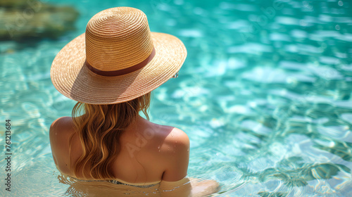 Back view of young woman in straw hat relaxing in swimming pool on sunny summer day © Виктория Дутко