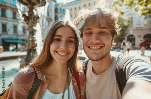 A young couple took a selfie photo in a city square near a fountain, wearing backpacks and smiling at the camera