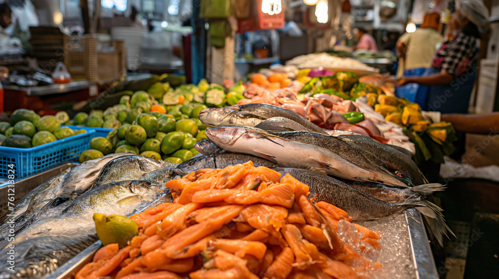 Bustling fish market section in an Indian supermarket offering various types of fresh fish