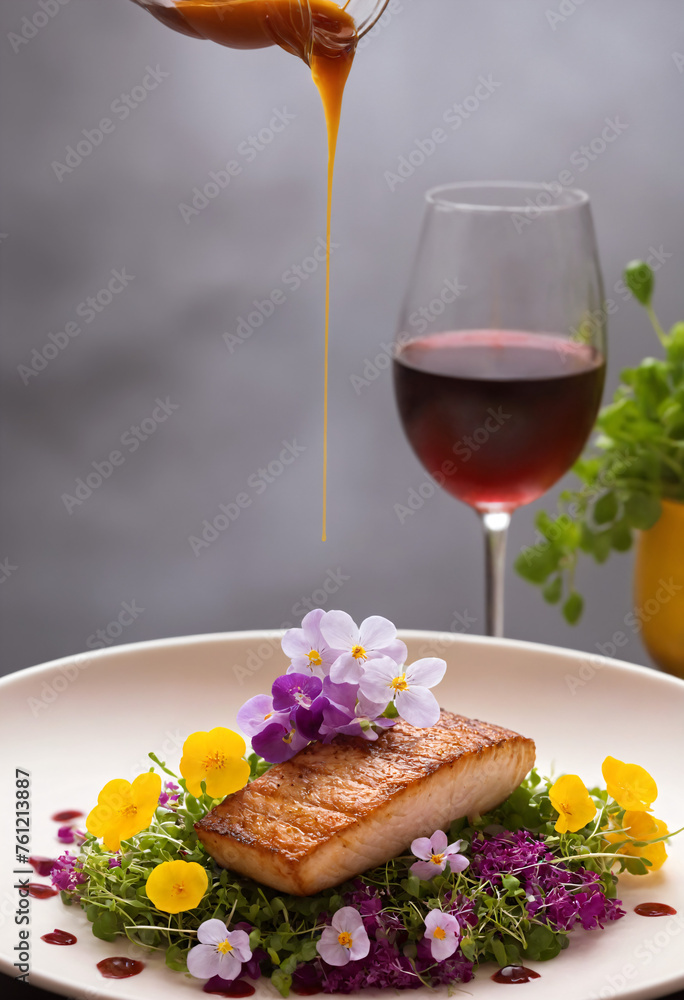 Grilled fish fillet with salad and red wine on gray background Grilled fish fillet with salad and red wine on gray background