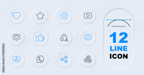 Message line icon set. Favorites, star, video hosting, heart, emoji, message, attitude. Neomorphism style. Vector line icon for Business