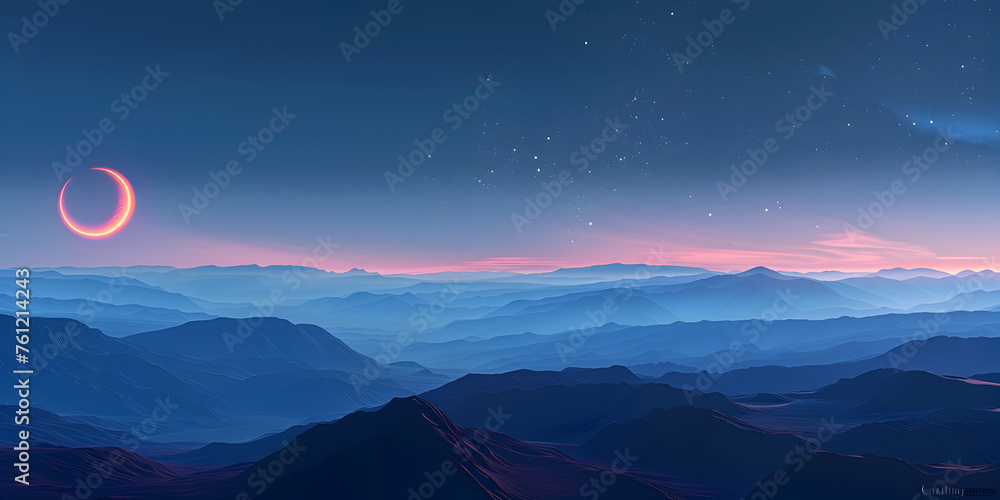 Artistic rendition of a solar eclipse over layer on the mountainous horizon dipping behind towering peaks and casting long shadows background and wallpaper  - obrazy, fototapety, plakaty 