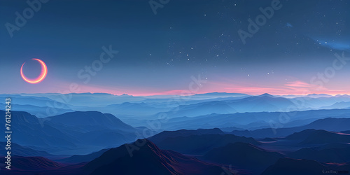 Artistic rendition of a solar eclipse over layer on the mountainous horizon dipping behind towering peaks and casting long shadows background and wallpaper  photo