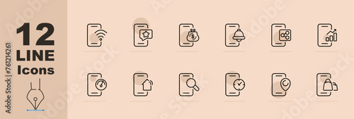 Smartphone line icon set. WiFi, favorites, contacts, wallet, speed check, smart home, magnifying glass, GPS tag. Pastel color background. Vector line icon for Business