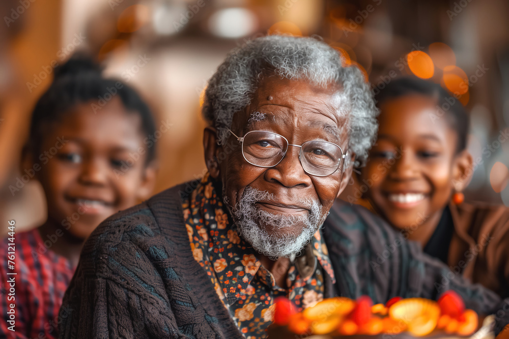 Affectionate grandfather with two grandchildren in a warm, homely setting Affectionate grandfather with two grandchildren in a warm, homely setting