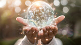 A person is holding a glass globe in their hands. The globe is filled with a bright, colorful light that seems to be emanating from within. Concept of wonder and curiosity