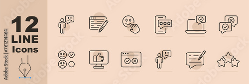 Feedback line icon set. Phone, coefficient, review, contacts, letter, system, communication, response, support. Pastel color background. Vector line icon for Business
