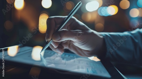 A persons hand using a digital stylus to annotate documents on a tablet
