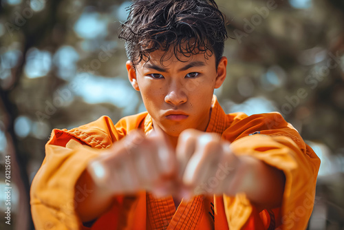 Concentrated young martial artist in an orange gi positioned in a ready stance with fists close together photo