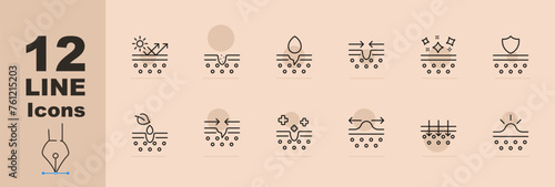 Skin icon set. Natural cosmetics, protection, restoration, plus, medicine, acne, ointment. Pastel color background. Vector line icon for Business
