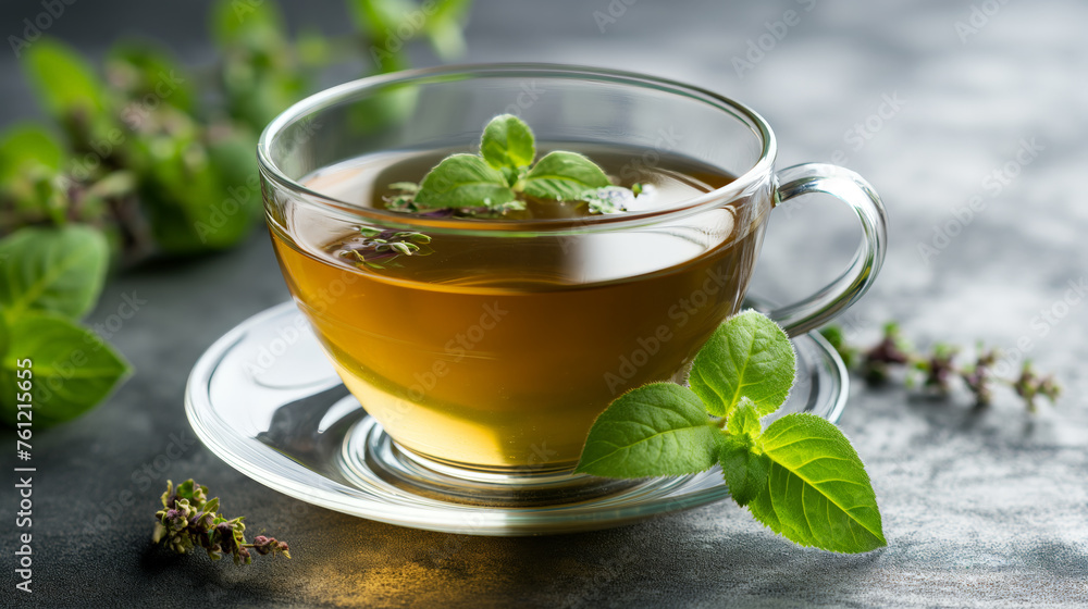 A soothing cup of Holy Basil or Tulsi Tea is served in a glass cup with saucer A soothing cup of Holy Basil or Tulsi Tea is served in a glass cup with saucer