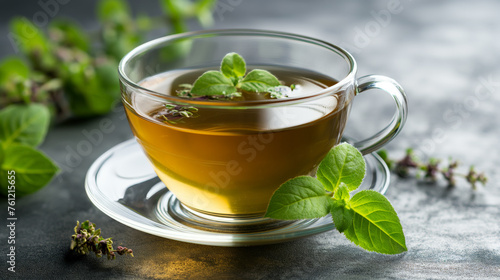 A soothing cup of Holy Basil or Tulsi Tea is served in a glass cup with saucer photo