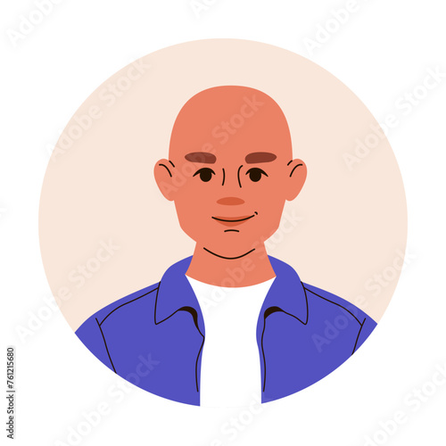 Head portrait of bald man in white t-shirt and blue shirt. Avatar of European white man in casual clothes for social networks. Vector flat illustration.