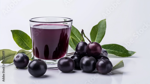 Fototapeta Naklejka Na Ścianę i Meble -  Refreshing Jamun Fruit Juice in Glass, Syzygium with Leaves and Fruits, White Background