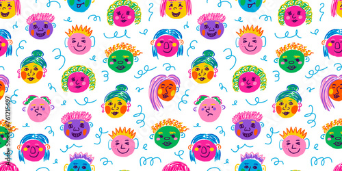 People face, hand drawn funny portraits, modern colorful abstract character in doodle style. Vector seamless pattern