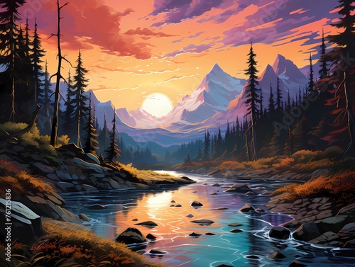 Landscape painting, blue valley, light stream reflecting scenery in water and pine trees, the atmosphere in the evening near the sunset Purple and orange sky shadows