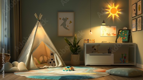A child-friendly home office, safe play area with a teepee tent, soft plush toys, and an interactive wall-mounted game. © radekcho