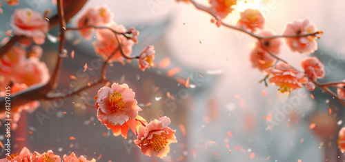 A branch of a cherry blossom in close-up. Springtime background for banner, greeting card, invitation, Women's Day, Mother day, Valentine's Day, wedding. Composition with copy space. © Olga