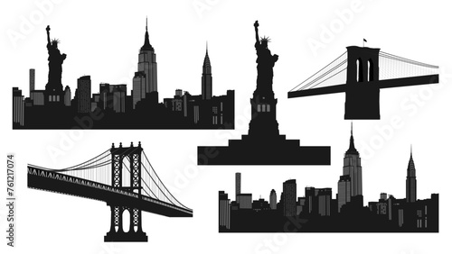 New York City Famous Places on Transparent Background Set. Skyline Silhouette, Statue of Liberty, Brooklyn Bridge, Manhattan Bridge. Silhouette vector illustration