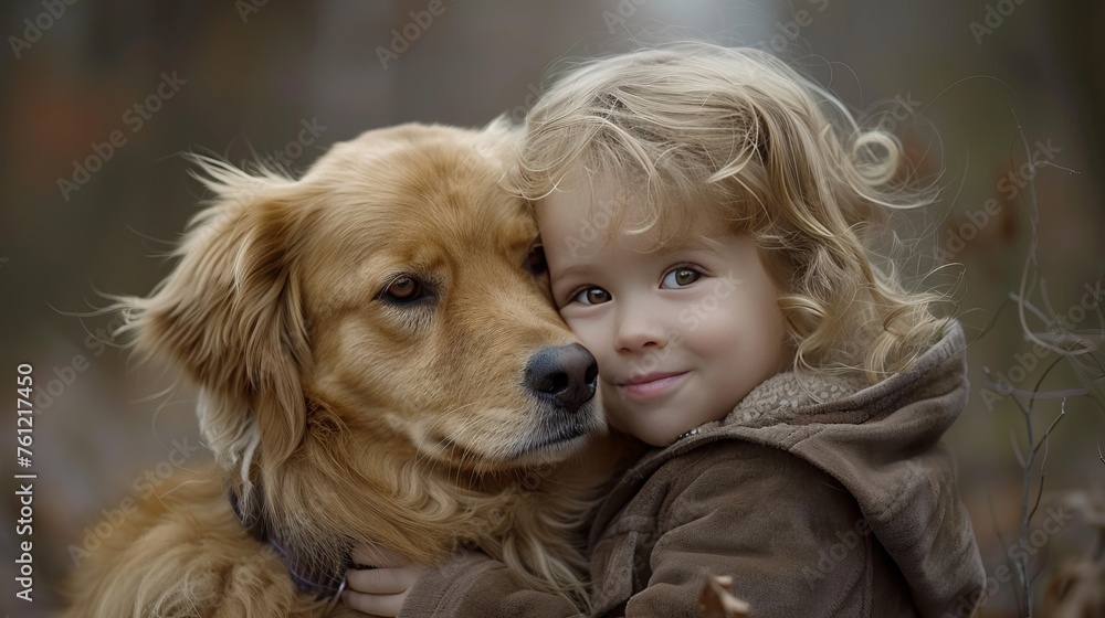 Heart-warming images that express the pure bond between children. and a faithful companion dog As they hugged each other affectionately Radiating warmth and love