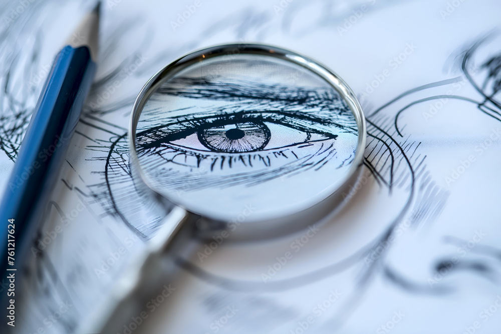 Magnifying glass focusing on a sketched eye, analytical concept ...