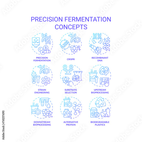 Precision fermentation blue gradient concept icons. Food genetic modification. Artificial selection, synthetic biology. Icon pack. Vector images. Round shape illustrations. Abstract idea