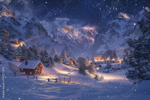 A snow-covered village nestled among mountains under a starry night sky.