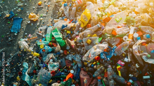 The warm glow of sunlight illuminates a chaotic pile of plastic waste, highlighting the urgent need for improved waste management and recycling.
