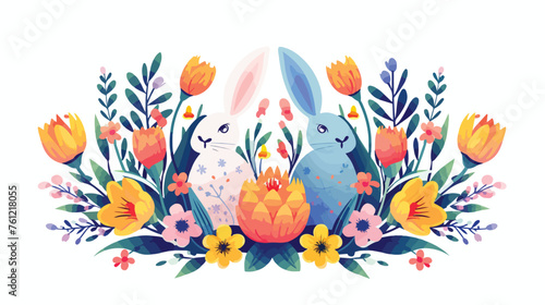 Easter rabbit eggs holiday flowers flat vector 