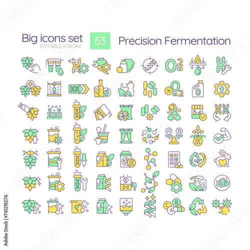 Precision fermentation RGB color icons set. Biotechnological process, bioprocessing. Genetic modification. Isolated vector illustrations. Simple filled line drawings collection. Editable stroke