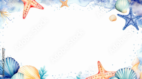 Seashells and starfish delicately painted in vibrant watercolors, capturing the intricate details and beauty of these ocean treasures on paper. Nautical-themed frame. Banner. Copy space