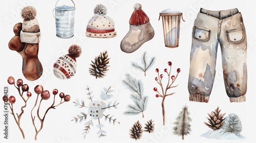 Cozy winter stickers in watercolor warm clothing