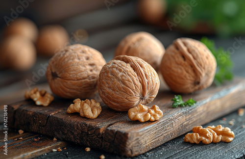 Walnuts on wooden table. Walnuts on wooden board