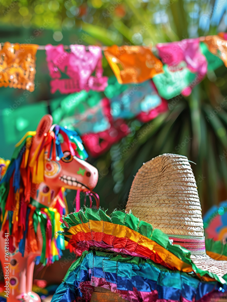 Obraz premium A festive setup with a decorated sombrero pinata and traditional Mexican crafts.