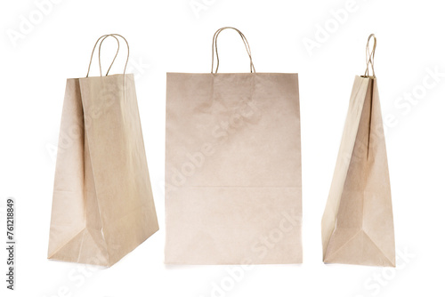 Various kraft paper bags isolated on white background