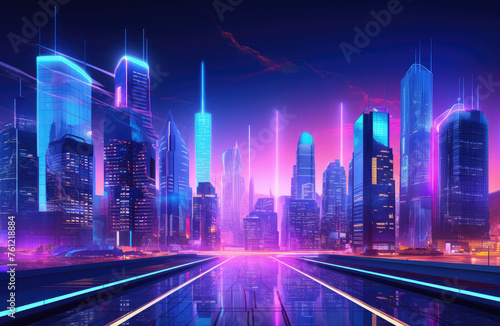 Neon Night City, Blue Synth Wave City-Line, Solid Violet Gradient Background, Copy Space, Banner