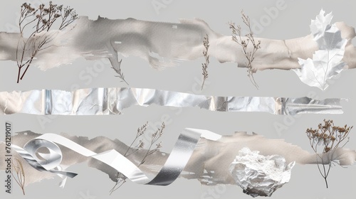 The set includes silver foil torn scotch tape pieces that can be used for a wide range of design projects. Modern patches are on transparent backgrounds. photo