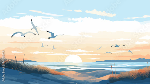 Fototapeta Naklejka Na Ścianę i Meble -  Flat icon. Sea and sky. Birds fly in the sky. Sunny