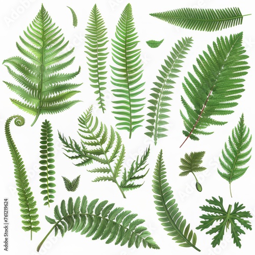 Clipart illustration with various fern leaf on a white background
