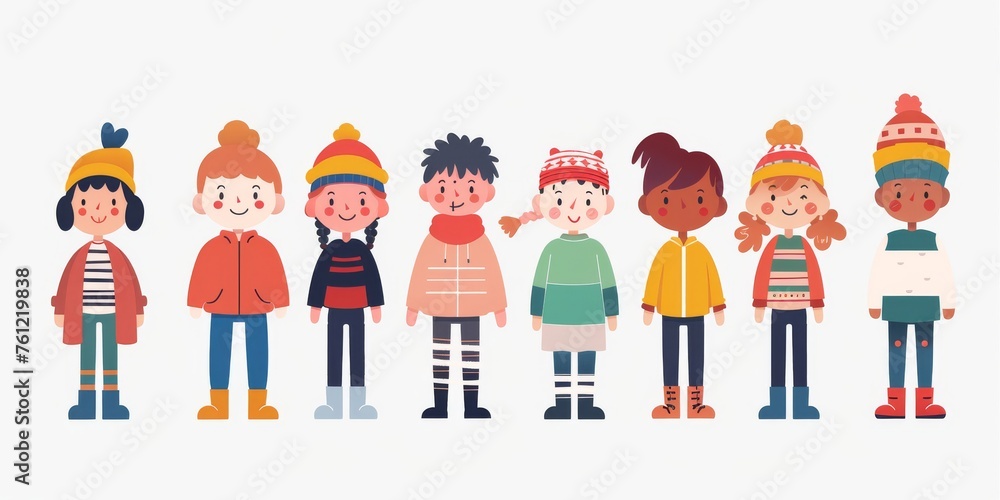 Variety of cartoon vector children in colorful outfits. A diverse group of cartoon children standing in row wearing various colorful outfits representing different styles and personalities  - obrazy, fototapety, plakaty 