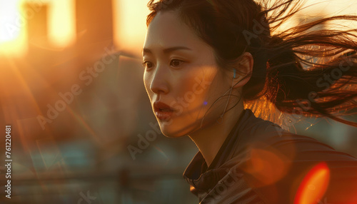 Beautiful Asian girl jogging in the sunset