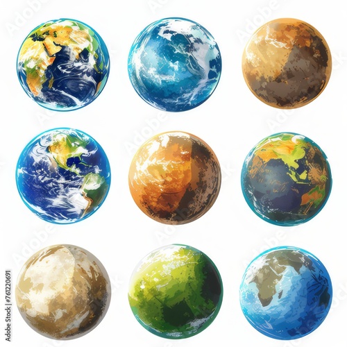 Clipart illustration with various representations of the planet Earth on a white background.