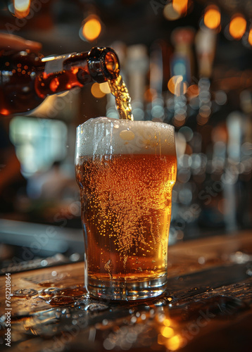 Beer is pouring into glass in pub