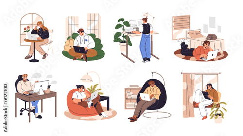 Freelancers set. Students study online. Office workers, employees at remote work at home. Young people communicate by laptop, typing in computer. Flat isolated vector illustration on white background