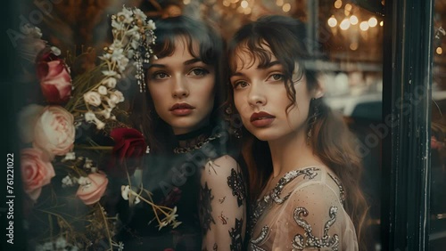 Two young women in edgy grungeinspired outfits standing in front of a boutique window filled with delicate floral dresses and ornate jewelry. photo