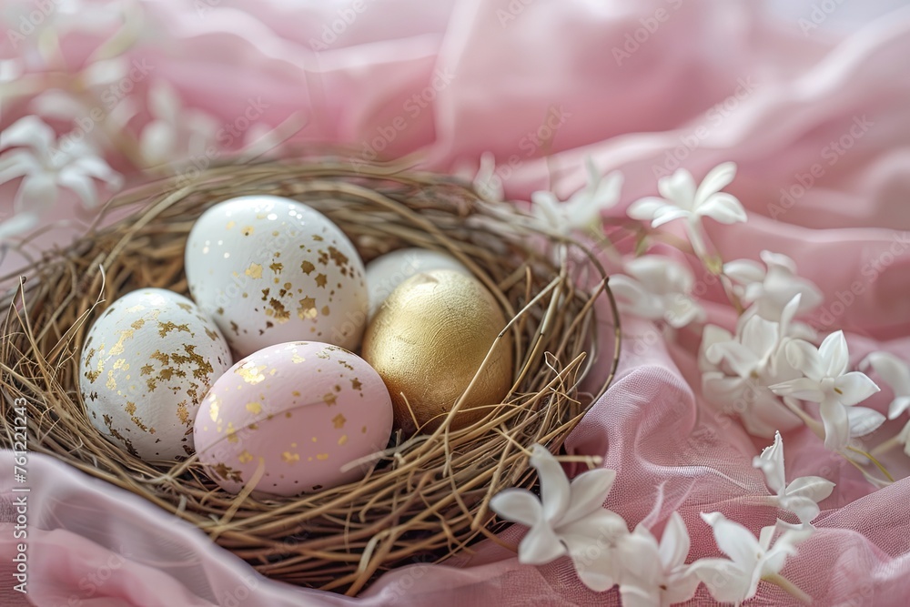 Easter pink, white and gold eggs in nest