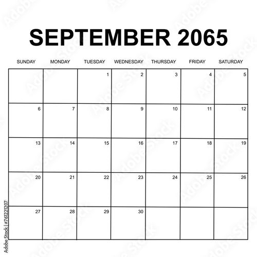 september 2065. monthly calendar design. week starts on sunday. printable, simple, and clean vector design isolated on white background.
