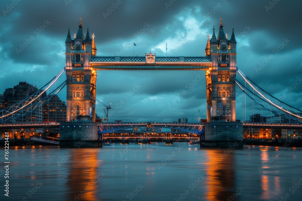 Obraz premium The iconic Tower Bridge in London, England, lit up at night.