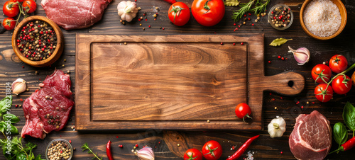 Raw meat, spices, vegetables and herbs around an empty wooden cutting board